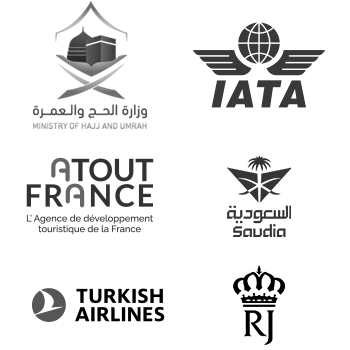 Logos des partenaires d'Islavoyages : Ministry of Hajj, Iata, Atout France, Saudia, Turkish airlines et Royal Jordanian